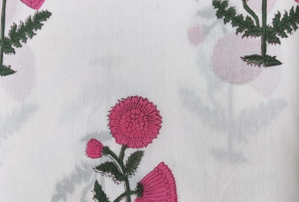 Hand Block Printed Cotton Fabric, White Floral Fabric, Pink Thistle Print Cotton, Soft Lightweight Fabric by Yard, Indian Handmade Textile
