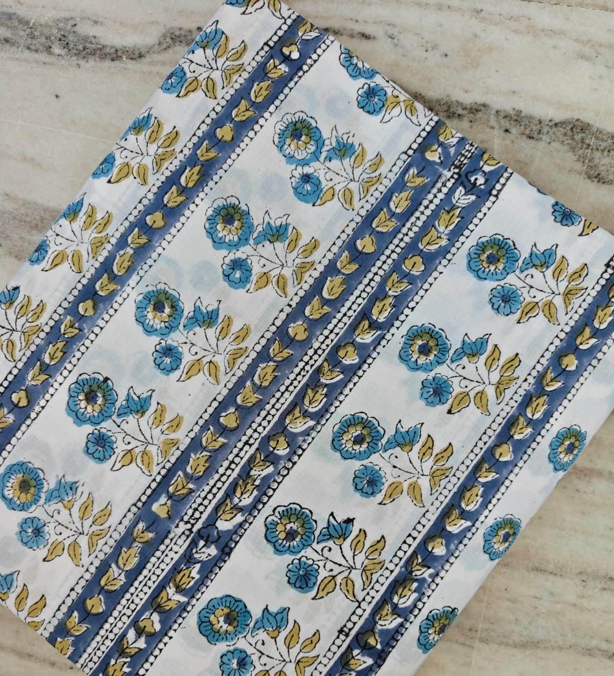 Blue Floral Stripe Cotton Fabric, Indian Block Print Fabric by Yard, White Base Flower Print, Boho Quilting Sewing Dressmaking Craft Fabric