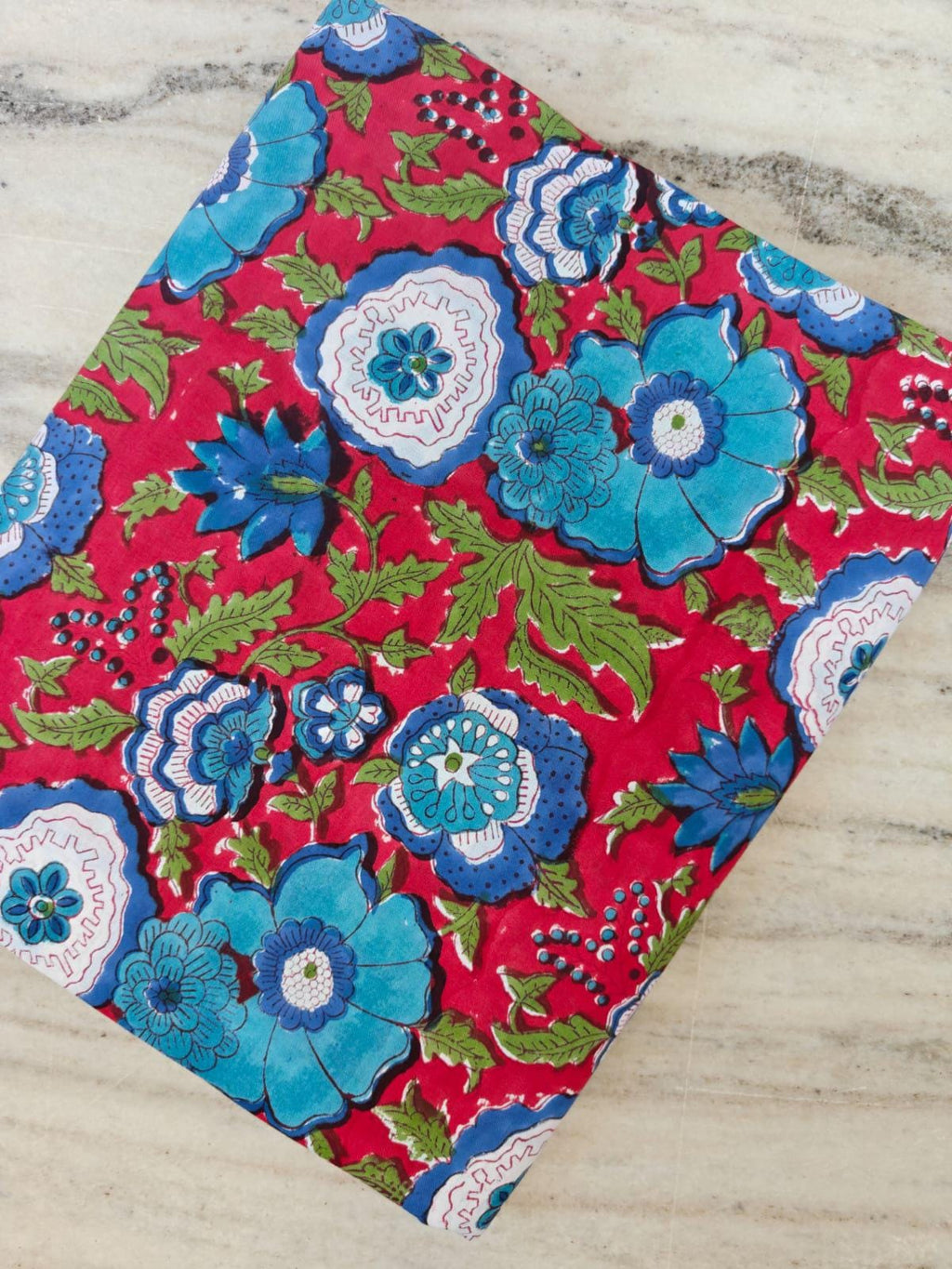 Red Floral Cotton Fabric, Blue Flower Indian Block Print Fabric, Floral Fabric by the Yard, Quilting Sewing Fabric, Handmade Cotton Textile