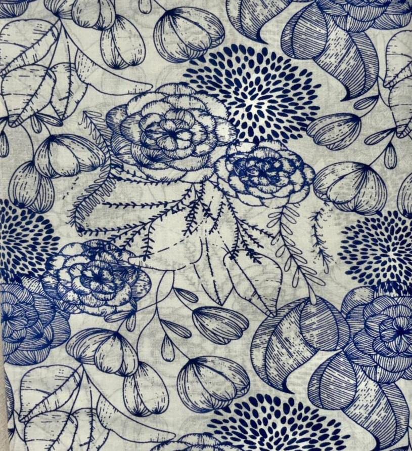 Blue and White Floral Cotton Fabric, Hand Block Print Indian Fabric, Vintage Style Cotton Yardage for Quilting, Dressmaking & Home Decor