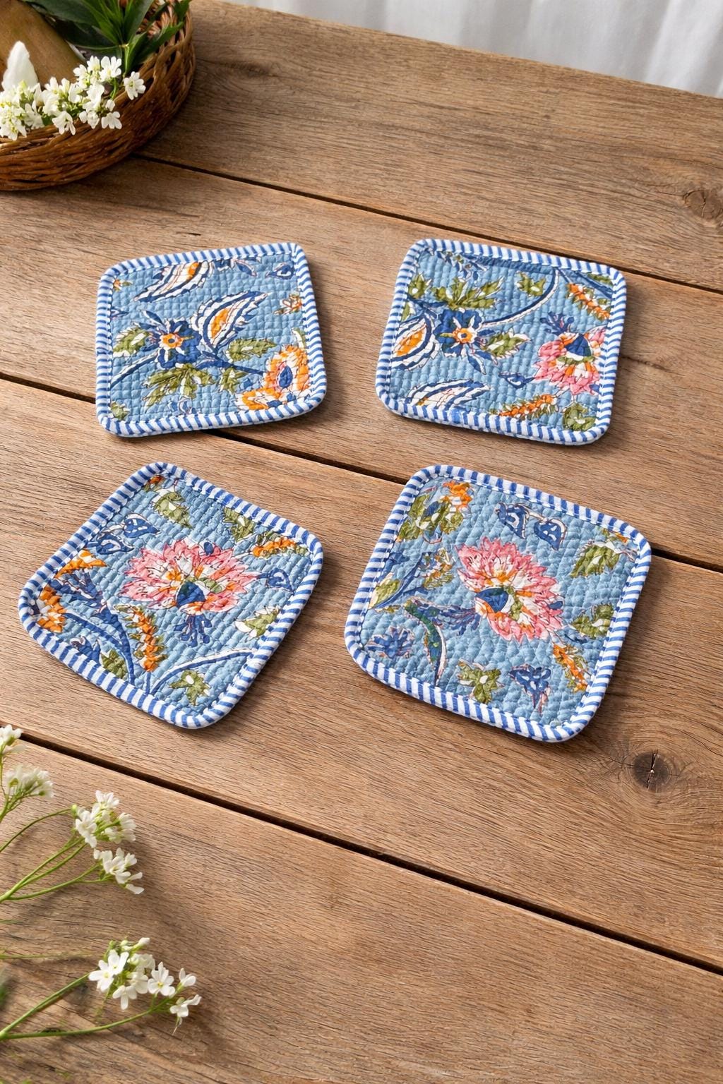 Floral Cotton Tea Coaster Set, Hand Block Print Blue Coasters, Quilted Fabric Drink Coasters, Reusable Table Decor, Housewarming Gift