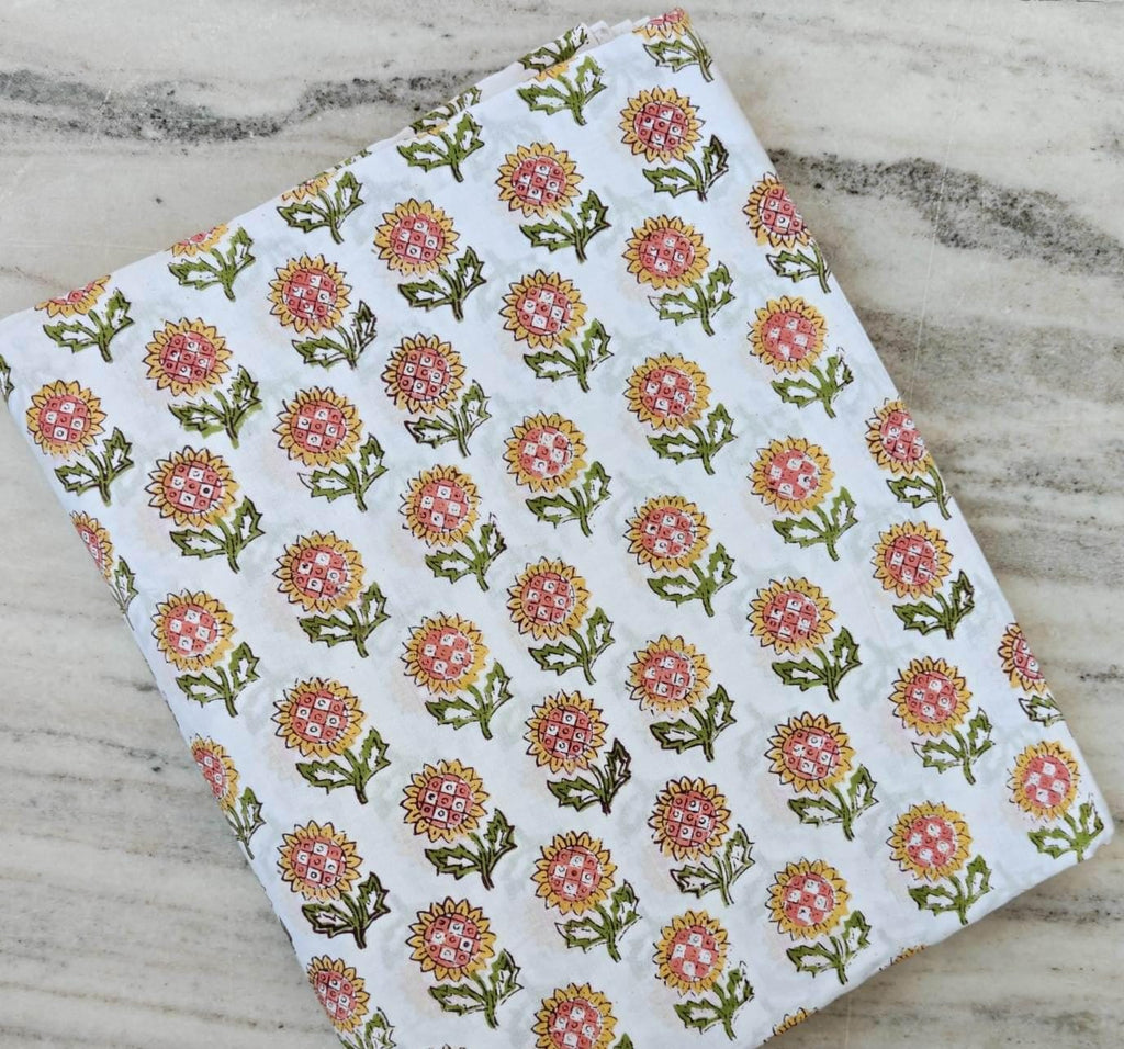 White Sunflower Cotton Fabric, Indian Block Print Floral Fabric, Yellow Pink Flower Cotton Fabric by Yard Quilting Sewing Dressmaking Fabric