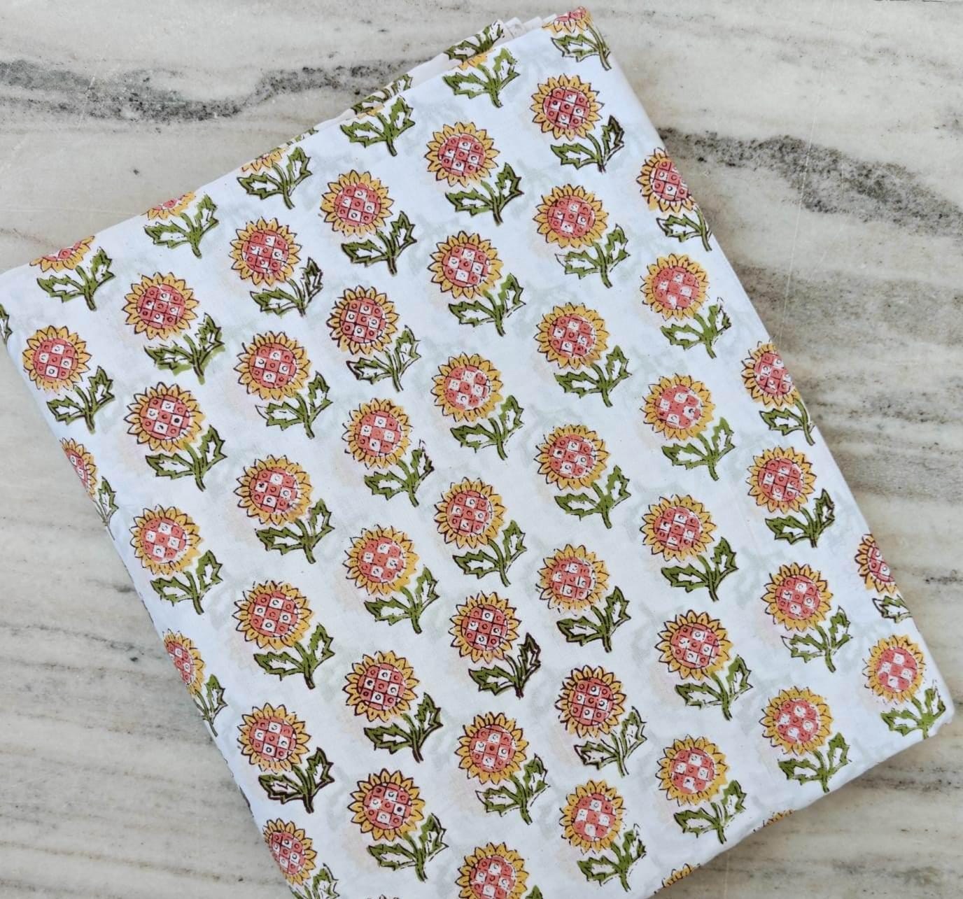 White Sunflower Cotton Fabric, Indian Block Print Floral Fabric, Yellow Pink Flower Cotton Fabric by Yard Quilting Sewing Dressmaking Fabric