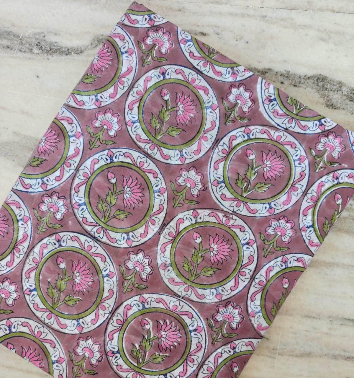 Pink Floral Block Print Cotton Fabric | Indian Hand Block Printed Fabric | Dusty Rose Flower Cotton by Yard | Quilting Sewing Craft Fabric