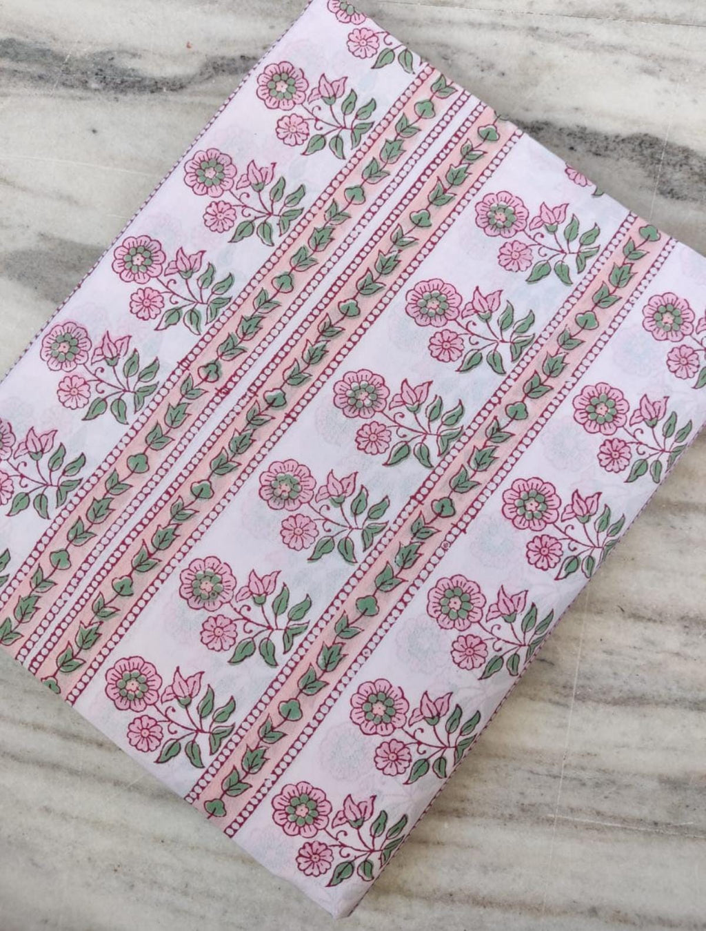 White Cotton Fabric with Pink Floral Stripes, Indian Hand Block Print Fabric by the Yard, Soft Cotton for Sewing, Dressmaking & Crafts
