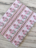 White Cotton Fabric with Pink Floral Stripes, Indian Hand Block Print Fabric by the Yard, Soft Cotton for Sewing, Dressmaking & Crafts