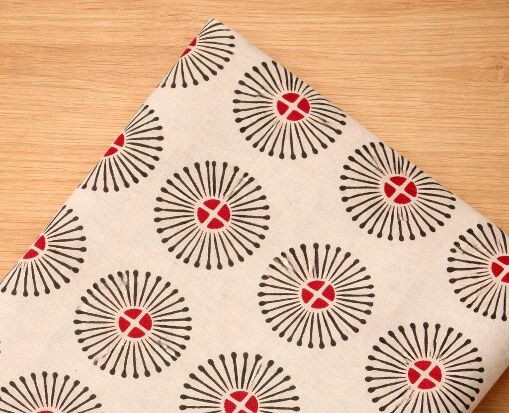 Cream Sunburst Print Cotton Fabric, Black Red Geometric Hand Block Print, Indian Cotton Textile, Sewing Quilting, Loose Running Fabric