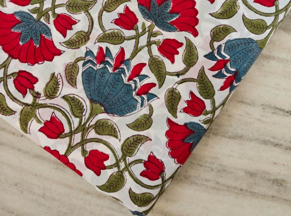 Red Blue Floral Block Print Cotton Fabric, Indian Handprinted Fabric by the Yard, Fabric For Dress Making Loose Running Fabric Napkin Fabric