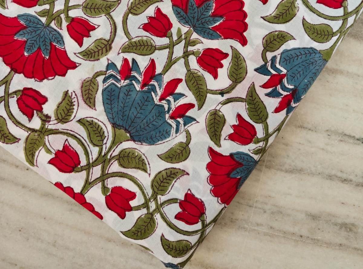 Red Blue Floral Block Print Cotton Fabric, Indian Handprinted Fabric by the Yard, Fabric For Dress Making Loose Running Fabric Napkin Fabric