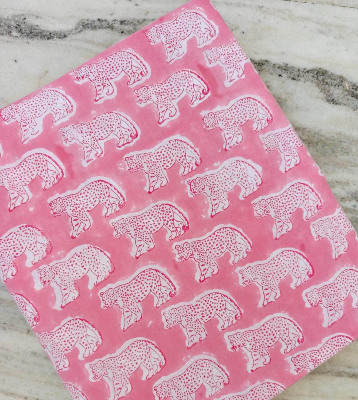 Pink Leopard Print Cotton Fabric by Yard, Hand Block Print Fabric, Animal Pattern Cotton Material, Sewing Craft Fabric, Baby Nursery Textile