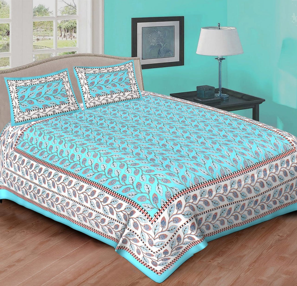 Turquoise Blue Cotton Bedsheet with Pillow Covers, Floral Block Print Bedding Set Soft Breathable Indian Bedspread Aqua Bed Linen Queen Size