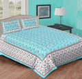Turquoise Blue Cotton Bedsheet with Pillow Covers, Floral Block Print Bedding Set Soft Breathable Indian Bedspread Aqua Bed Linen Queen Size