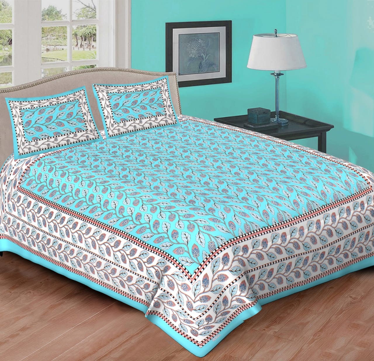 Turquoise Blue Cotton Bedsheet with Pillow Covers, Floral Block Print Bedding Set Soft Breathable Indian Bedspread Aqua Bed Linen Queen Size