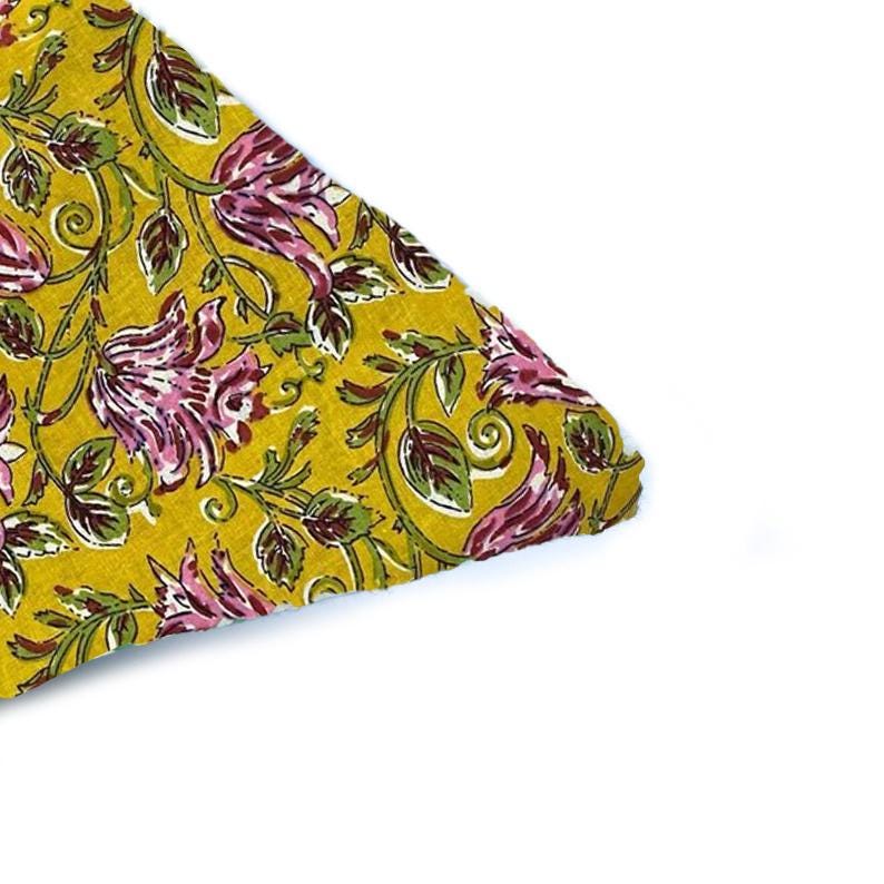 Mustard Floral Cotton Cushion Cover, Hand Block Print Pillow Cover, Pink Flower Print Throw Pillow, Boho Decorative Cushion, Home Decor