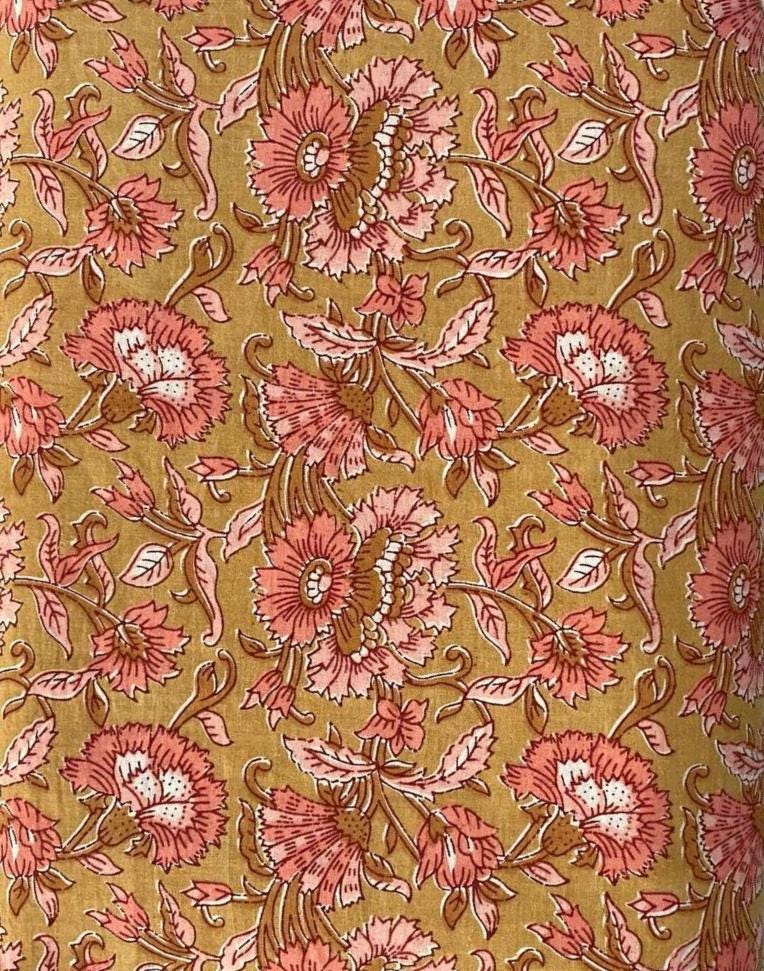 Hand Block Print Cotton Fabric: Red Green Floral Quilting Fabric