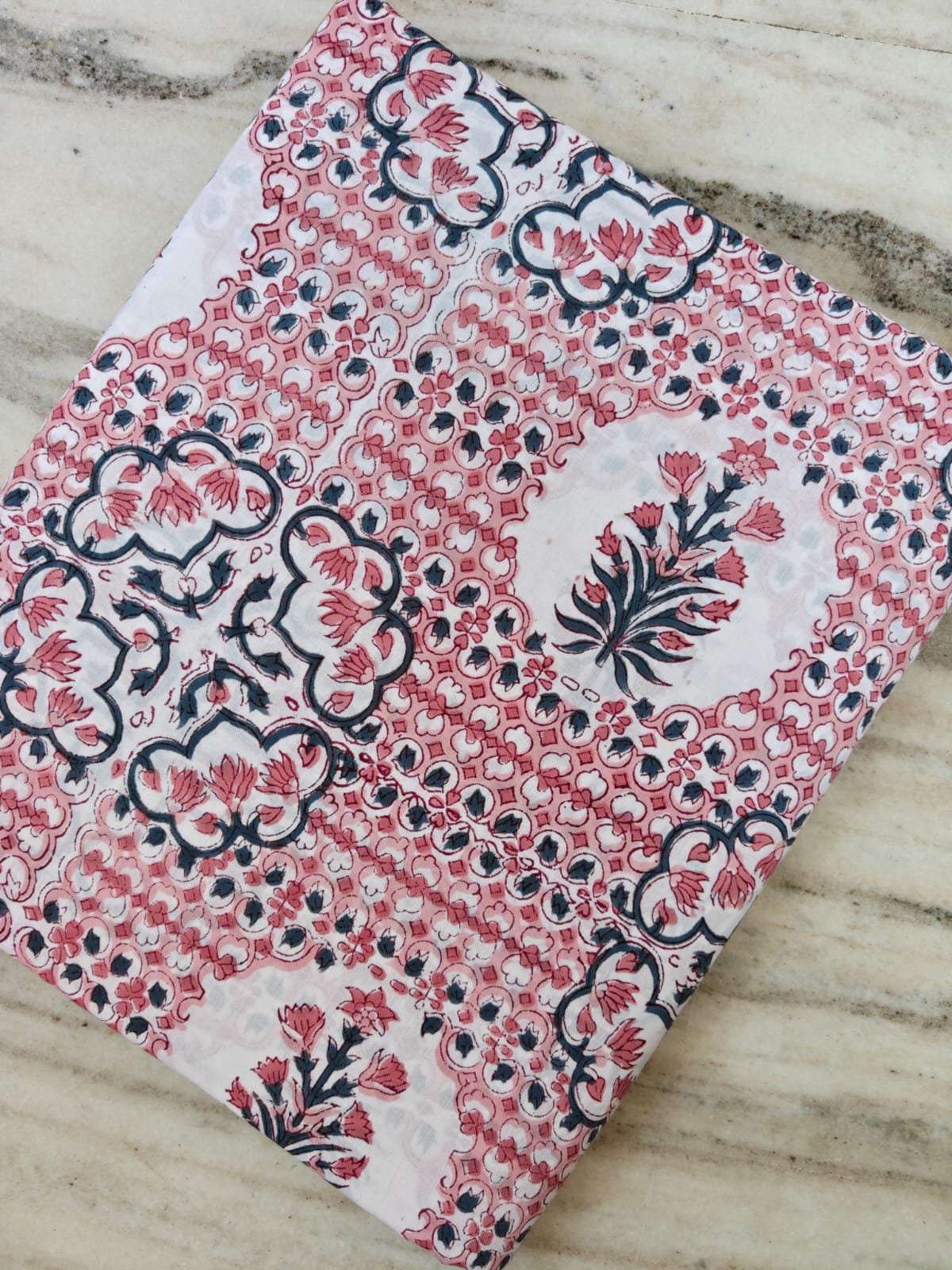 Pink Floral Cotton Fabric, Indian Block Print Style, Vintage Medallion Botanical Fabric, Quilting Sewing Fabric By The Yard, Running Fabric