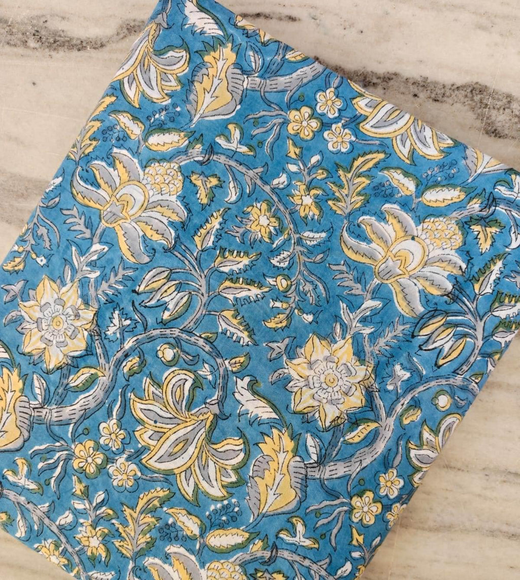 Blue Floral Vine Cotton Fabric, Indian Block Print Cotton Fabric, Yellow Floral Fabric by Yard, Boho Dressmaking Fabric, Quilting Fabric