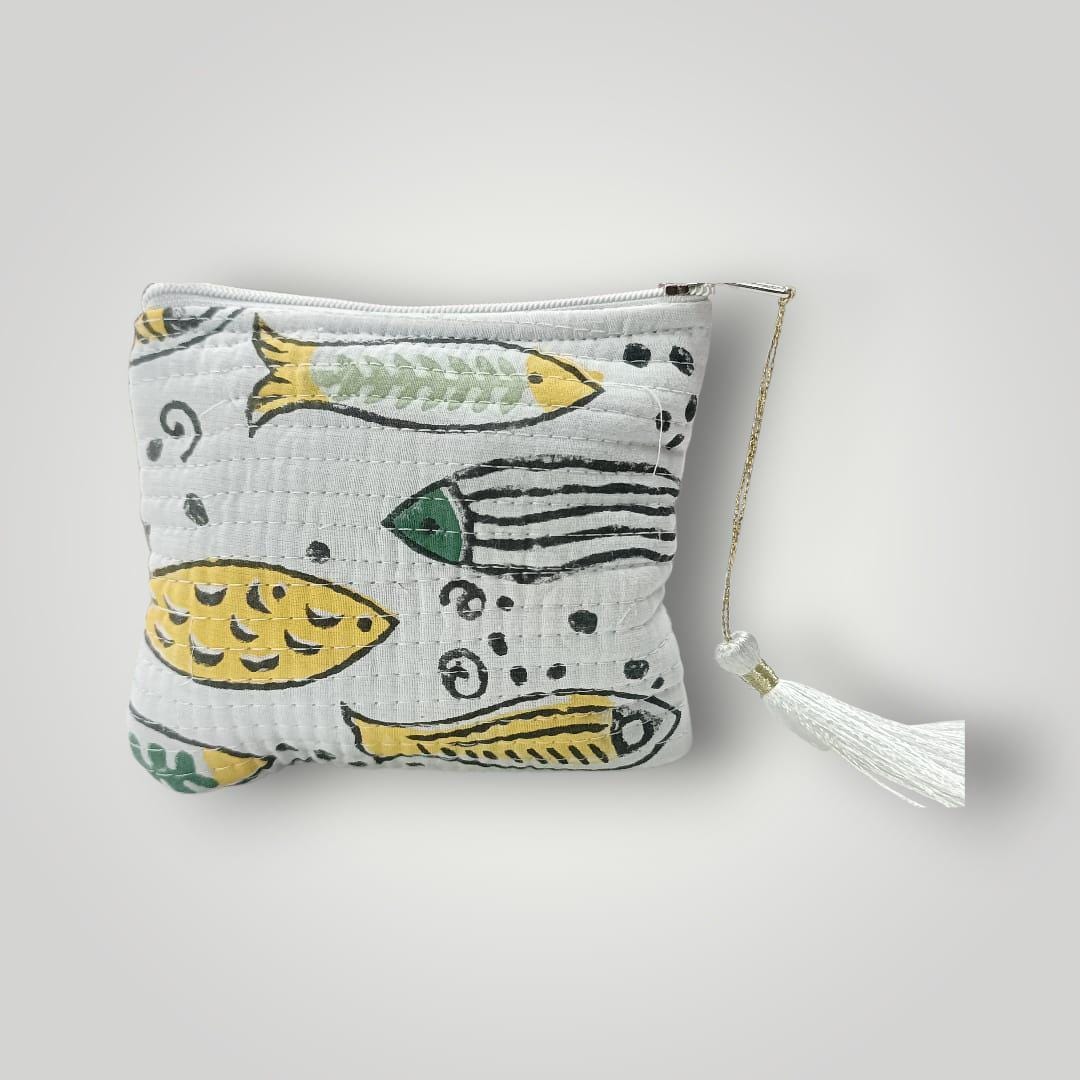 Handmade Mini Quilted Pouch with Fish Print | Boho Coin Purse | Small Zipper Bag with Tassel| Christmas Gifts