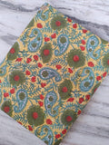Yellow Floral Cotton Fabric by the Yard, Indian Hand Block Print Fabric, Green Paisley Block Print Fabric for Quilting, Loose Running Fabric