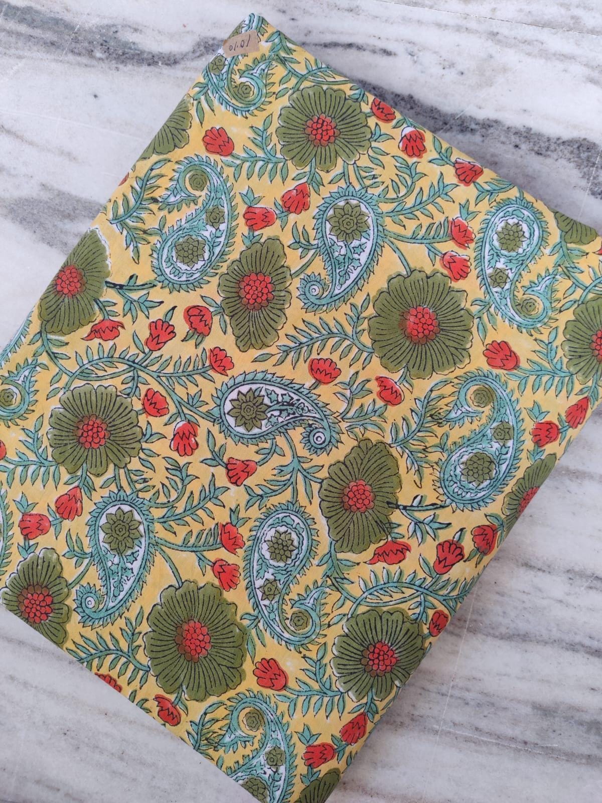 Yellow Floral Cotton Fabric by the Yard, Indian Hand Block Print Fabric, Green Paisley Block Print Fabric for Quilting, Loose Running Fabric
