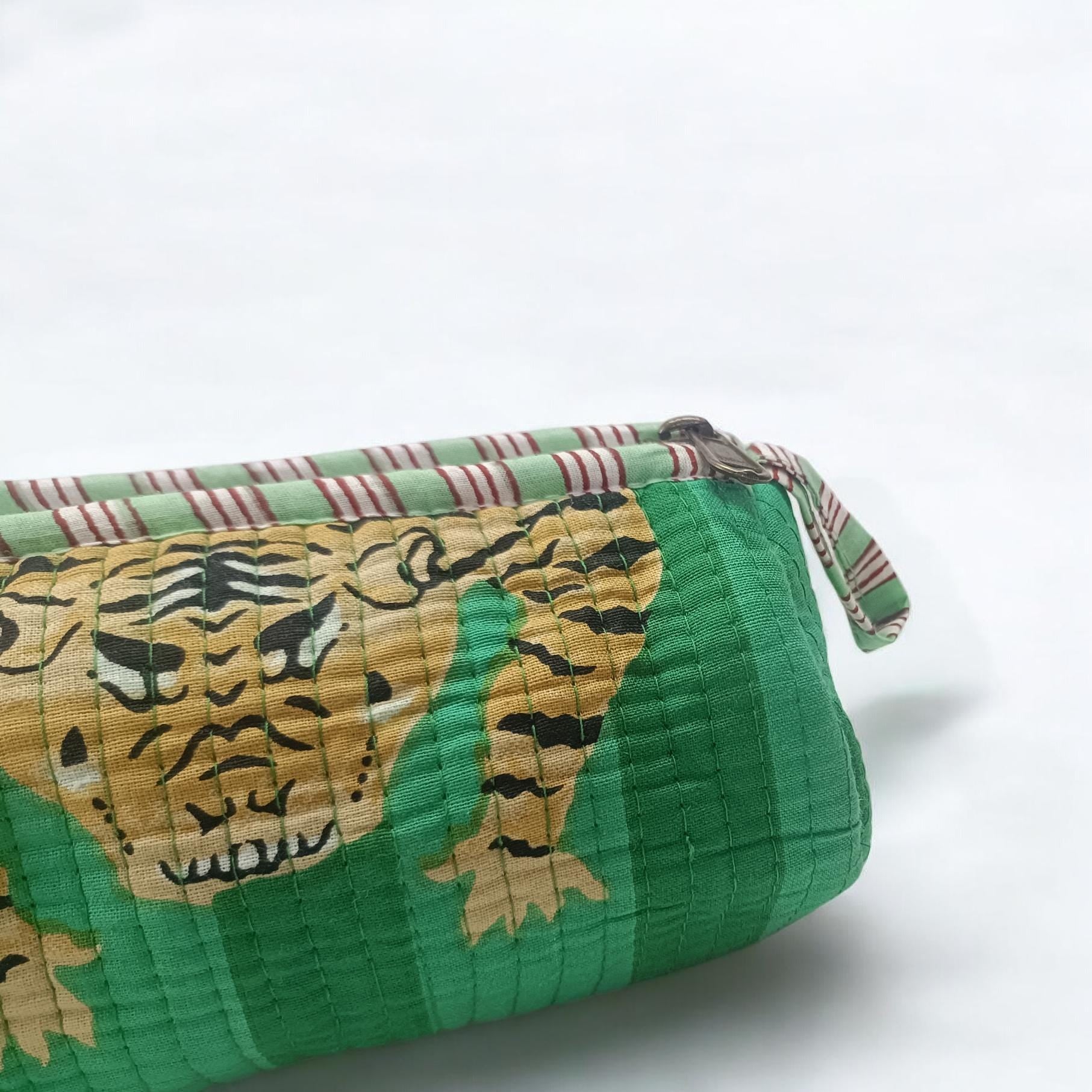 Handmade Quilted Tiger Print Cosmetic Pouch | Green Fabric Zipper Makeup & Toiletry Bag | Quilted Pouch | Green Cosmetic Bag | Gift For Her