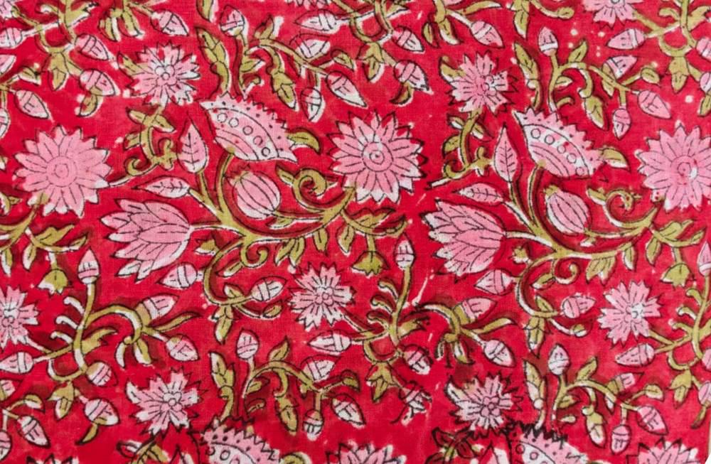 Red Floral Cotton Fabric, Hand Block Print Fabric, Indian Cotton Textile, Dressmaking Vintage Style Flower Fabric, Quilting Fabric, Napkins
