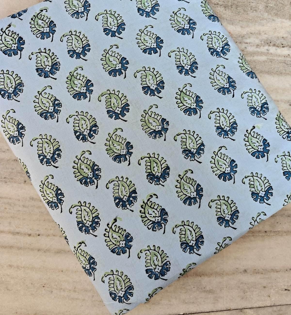 Light Blue Paisley Block Print Cotton Fabric by the Yard, Indian Hand Printed Floral Cotton, Soft Boho Sewing Quilting Cotton Textile Fabric