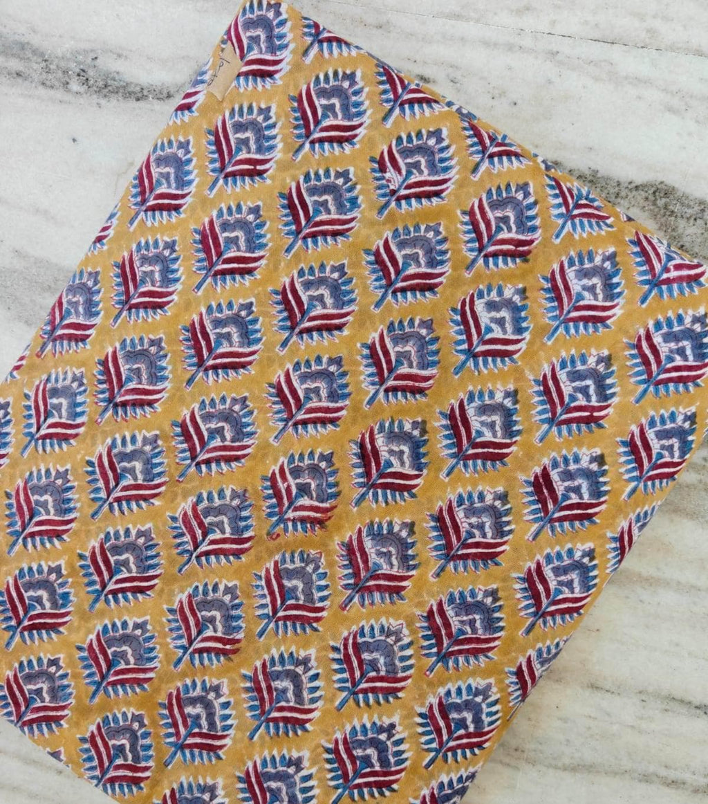 Vintage Mustard Yellow Flower Cotton Fabric, Leaf Motif Design Yellow Paisley Cotton Fabric, Hand Block Printed Indian Fabric by the Yard