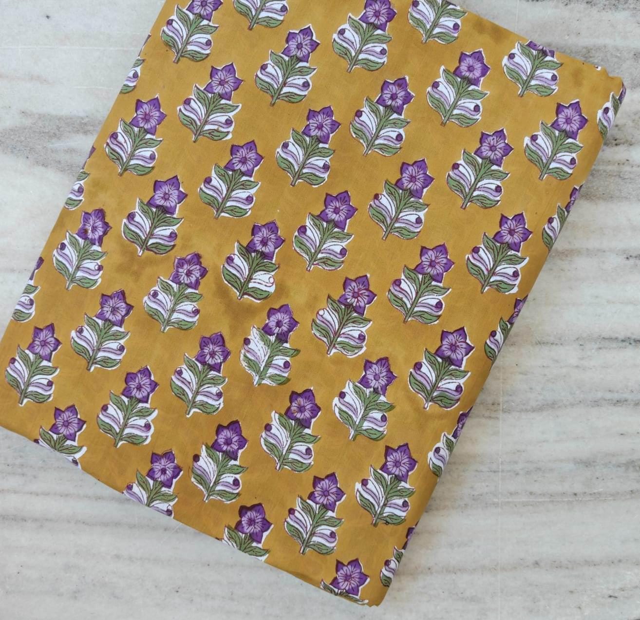 Mustard Yellow Floral Cotton Fabric, Purple Flower Block Print Fabric, Indian Cotton Fabric by the Yard, Lightweight Sewing Quilting Fabric
