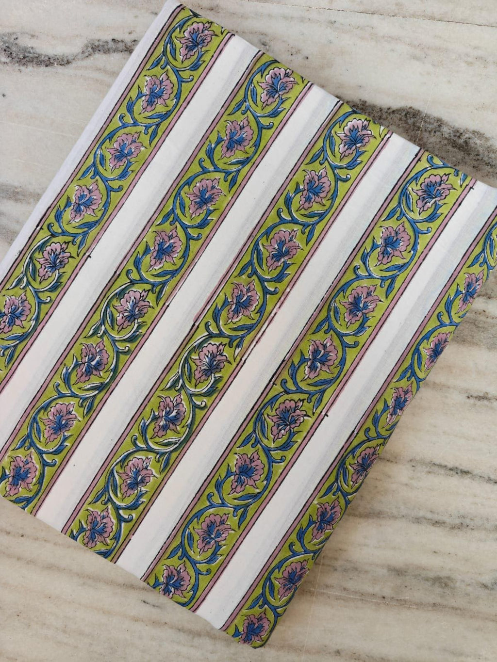 Green Floral Stripe Cotton Fabric, Pink & Blue Block Print Style Cotton, Indian Floral Craft Fabric by the Yard – Quilting, Home Decor