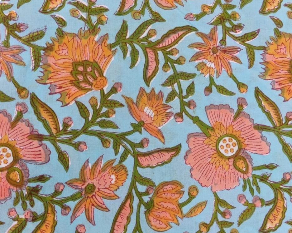 Lightweight Floral Cotton Fabric, Pink Hand Block Print on Blue Soft Indian Cotton Fabric by the Yard Quilting, Dressmaking, Sewing