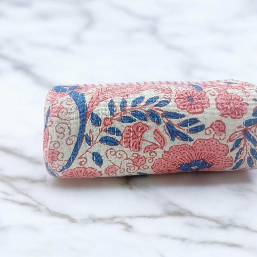 Quilted Floral Makeup Bag, Handmade Cotton Zip Pouch, Block Print Cosmetic Bag, Toiletry Pouch, Travel Makeup Organizer, Christmas Gifts