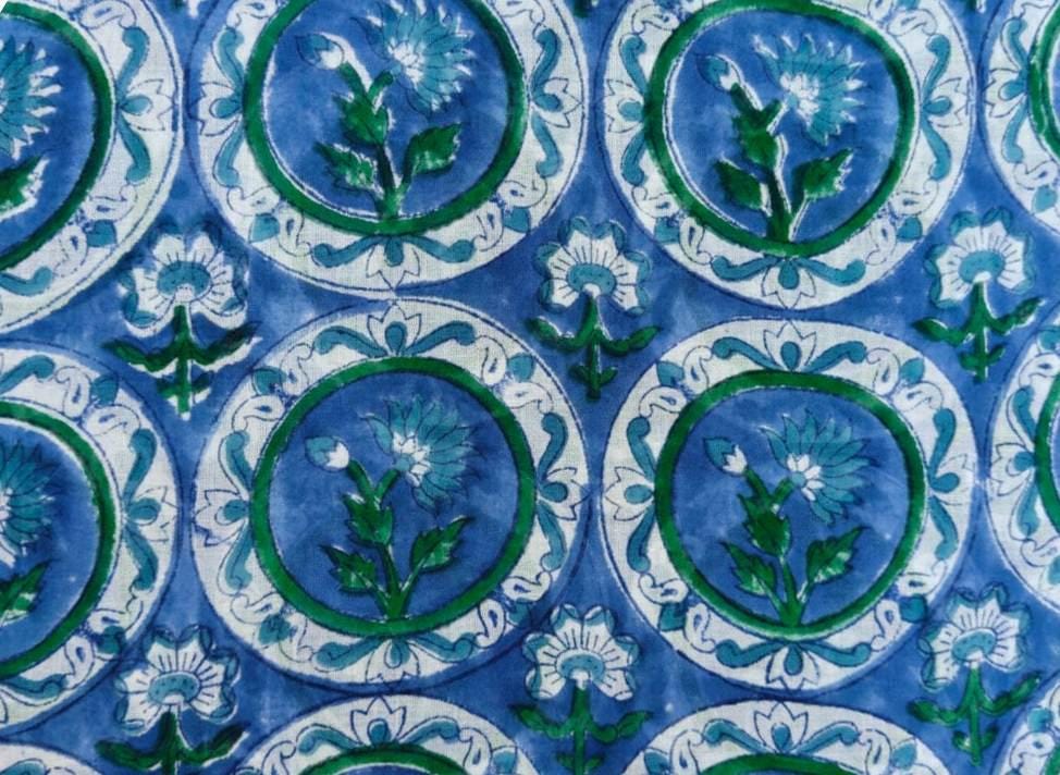 Blue Floral Cotton Fabric, Hand Block Print Fabric, Indian Cotton Textile, Boho Fabric by Yard Blue Green Flower Pattern Craft Sewing Fabric