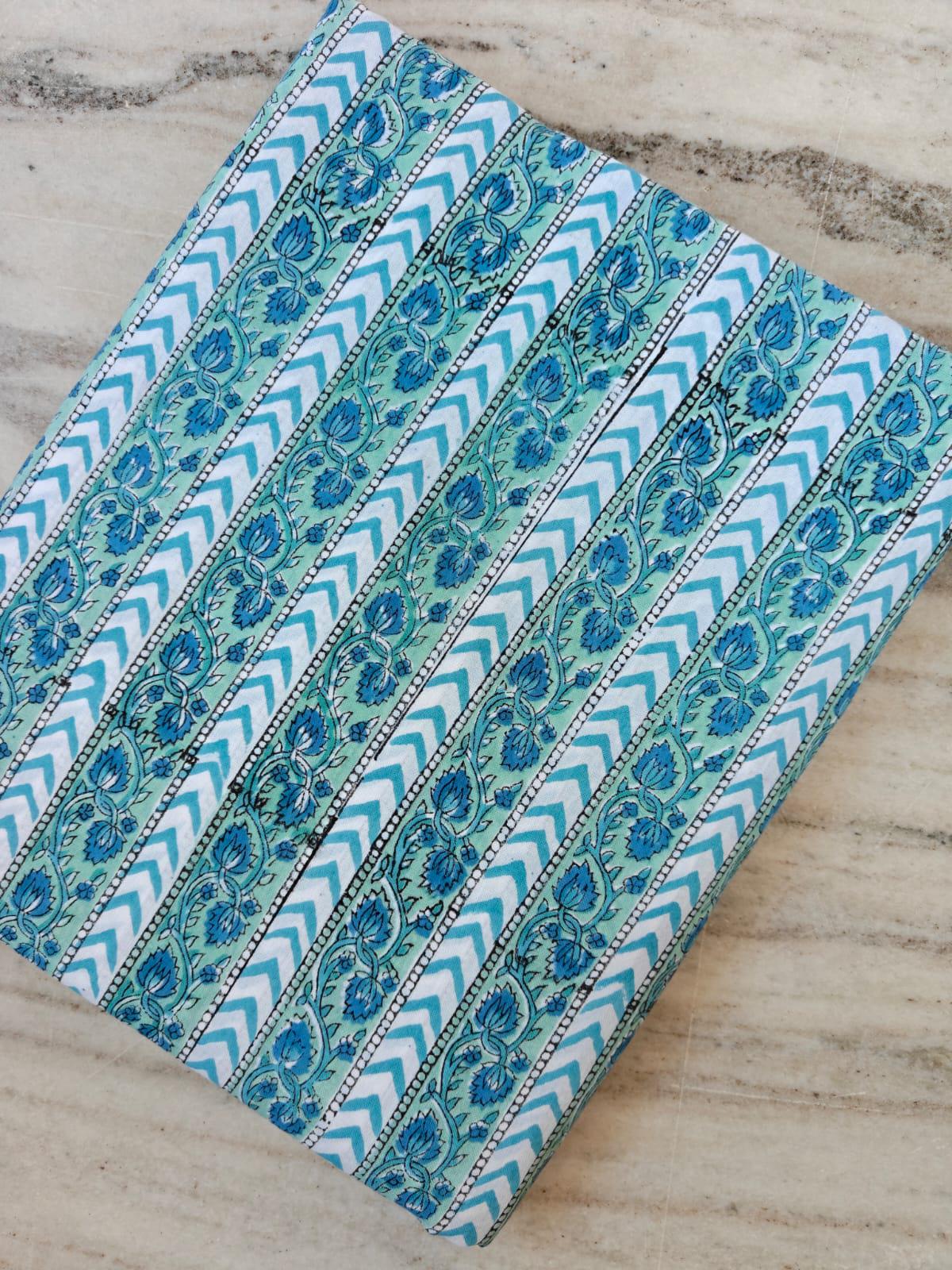Turquoise Striped Cotton Fabric, Floral Border Print Fabric, Chevron Stripe Cotton, Blue Green Boho Fabric, Quilting Sewing Dress Napkins