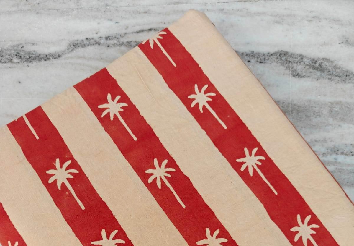 Red Palm Tree Print Cotton Fabric, Tropical Stripe Hand Block Fabric, Cute Block Print Fabric by the Yard, Loose Running Napkins Fabric
