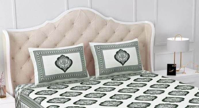 Handmade Cotton Bedsheet with Pillow Covers, Green Floral Block Print Bedding Set, Soft Breathable Queen Size Bedspread, Cotton Bed Linen