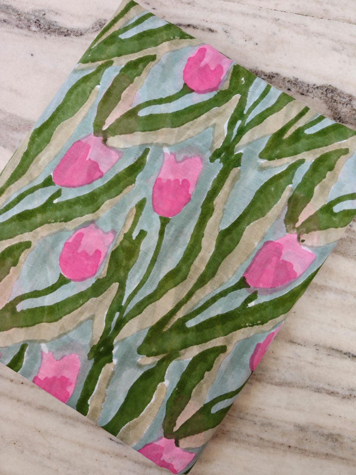 New Arrival Tulip Floral Cotton Fabric, Hand Block Print Fabric, Pink Green Botanical Fabric by Yard Indian Cotton Fabric Dressmaking Fabric
