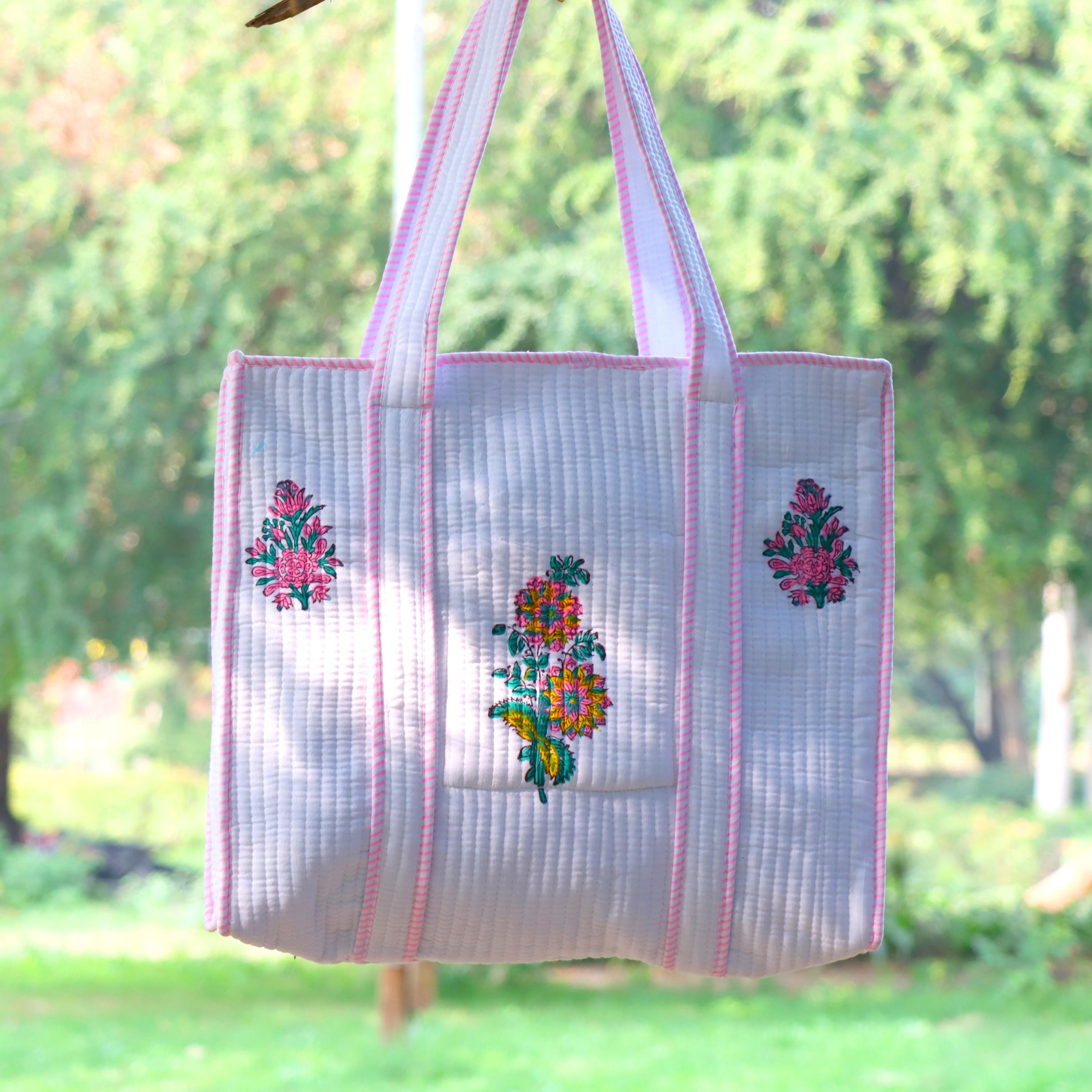 Hand Block White Cotton Floral Block Print Shoulder Bag, Handmade Quilted Tote Bag, Quilted Tote Bag, Indian Bags Shopping Bags, Women's Bag