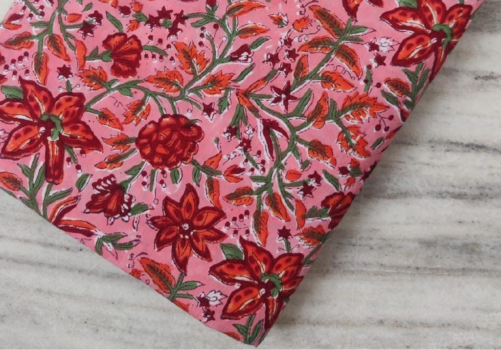 Pink Floral Cotton Fabric, Red Orange Hand Block Print Fabric By The Yard, Indian Soft Cotton for Quilting, Dressmaking, Sewing & Crafts