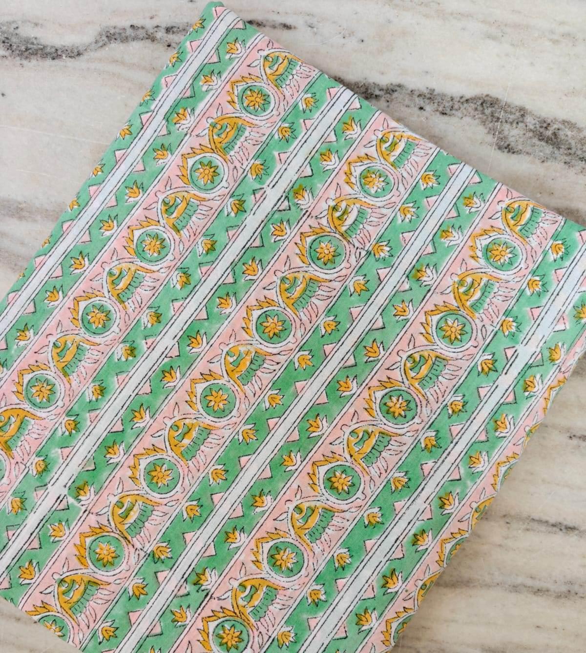 Hand Block Print Cotton Fabric, Green & Pink Floral Stripe Fabric, Indian Handmade Cotton by the Yard, Boho Craft Sewing Fabric, Napkins