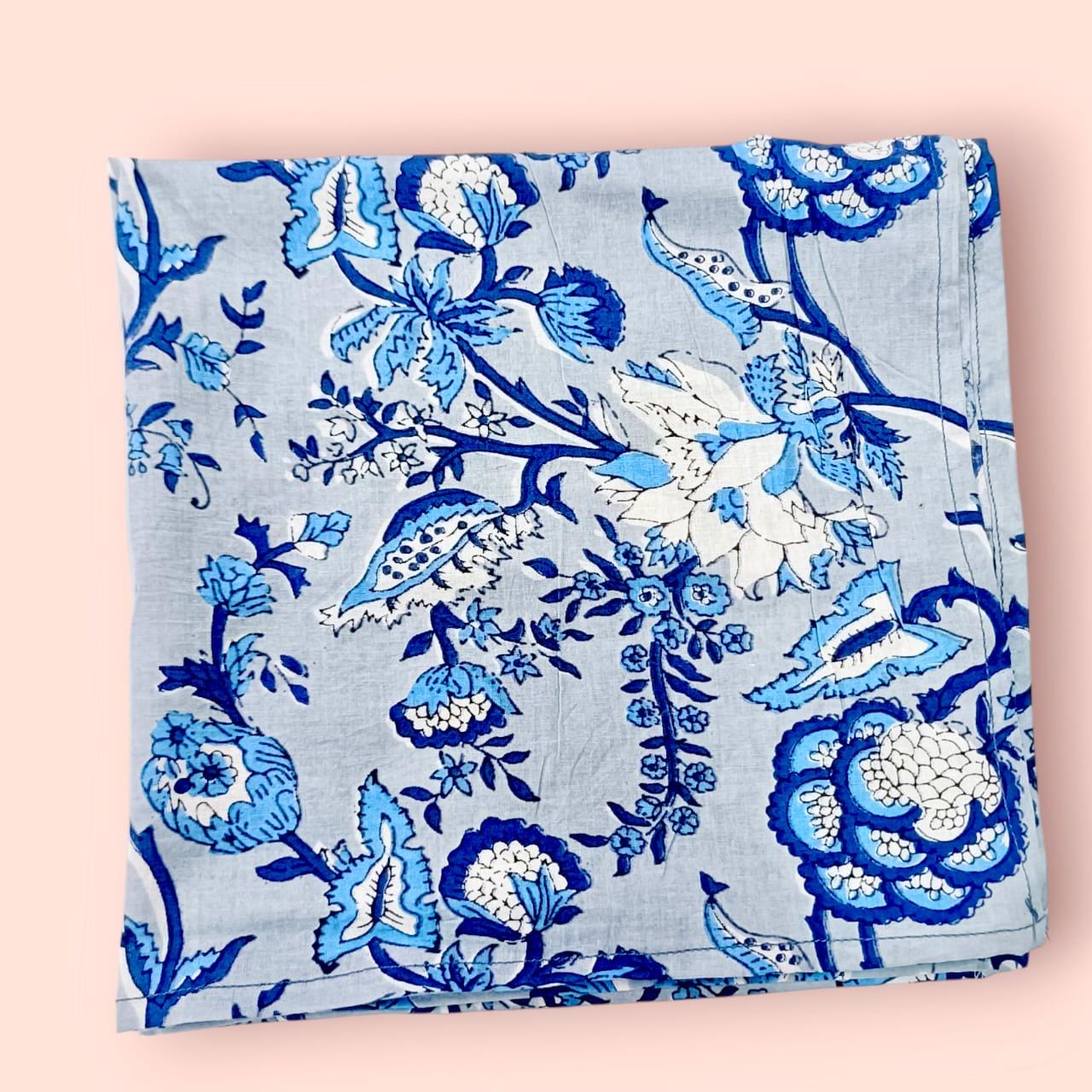 Blue Floral Hand Block Printed Cotton Napkins: Indian Dining Decor, Set of 4