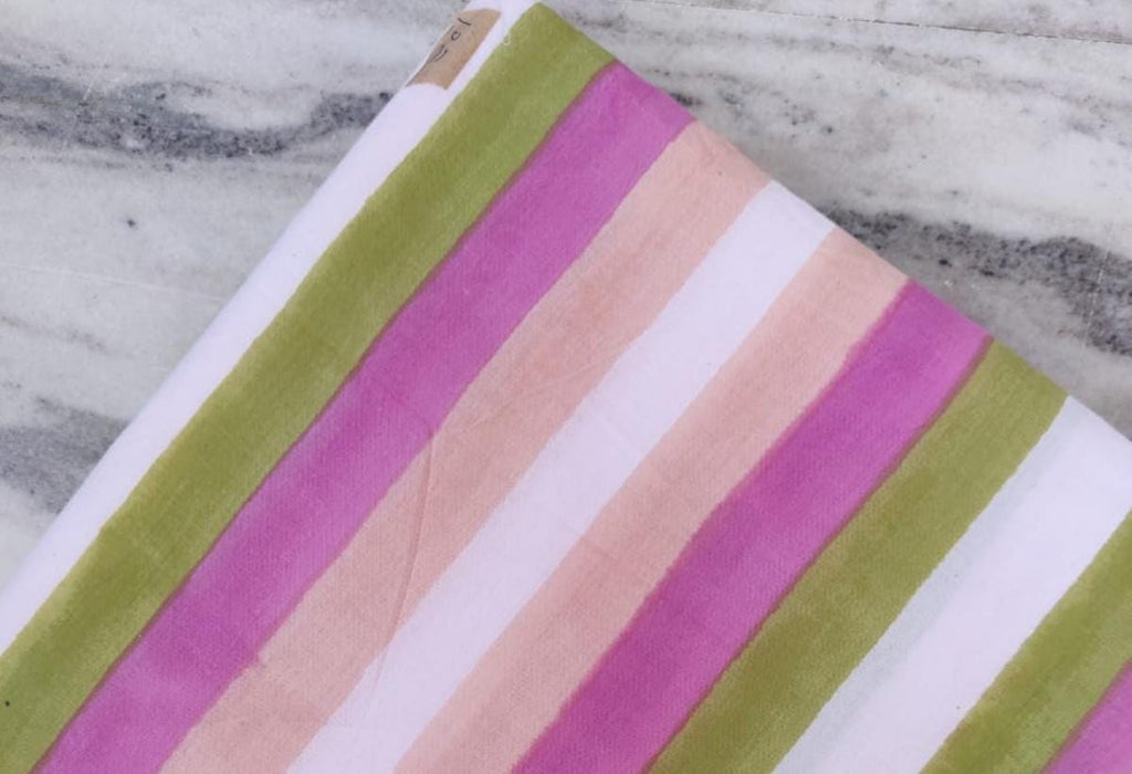 Striped Cotton Fabric by Yard | Pink Green Peach Hand Block Print | Soft Indian Cotton for Quilting, Dressmaking, Home Sewing Projects
