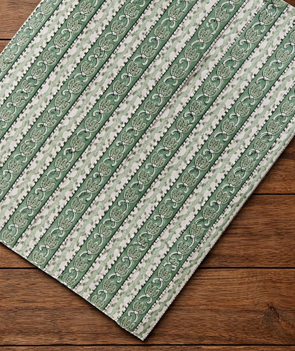 Indian Green Striped Floral Cotton Fabric by the Yard, Block Printed Fabric, Sewing, Quilting, Dressmaking, Cotton Textile, Running Fabric