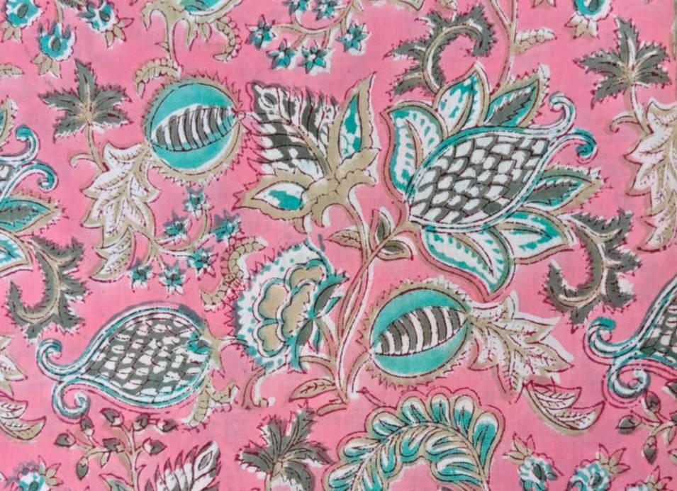 Pink Floral Cotton Fabric, Red Orange Hand Block Print by the Yard, Indian Soft Cotton for Quilting, Dressmaking, Sewing & Crafts, Gifts
