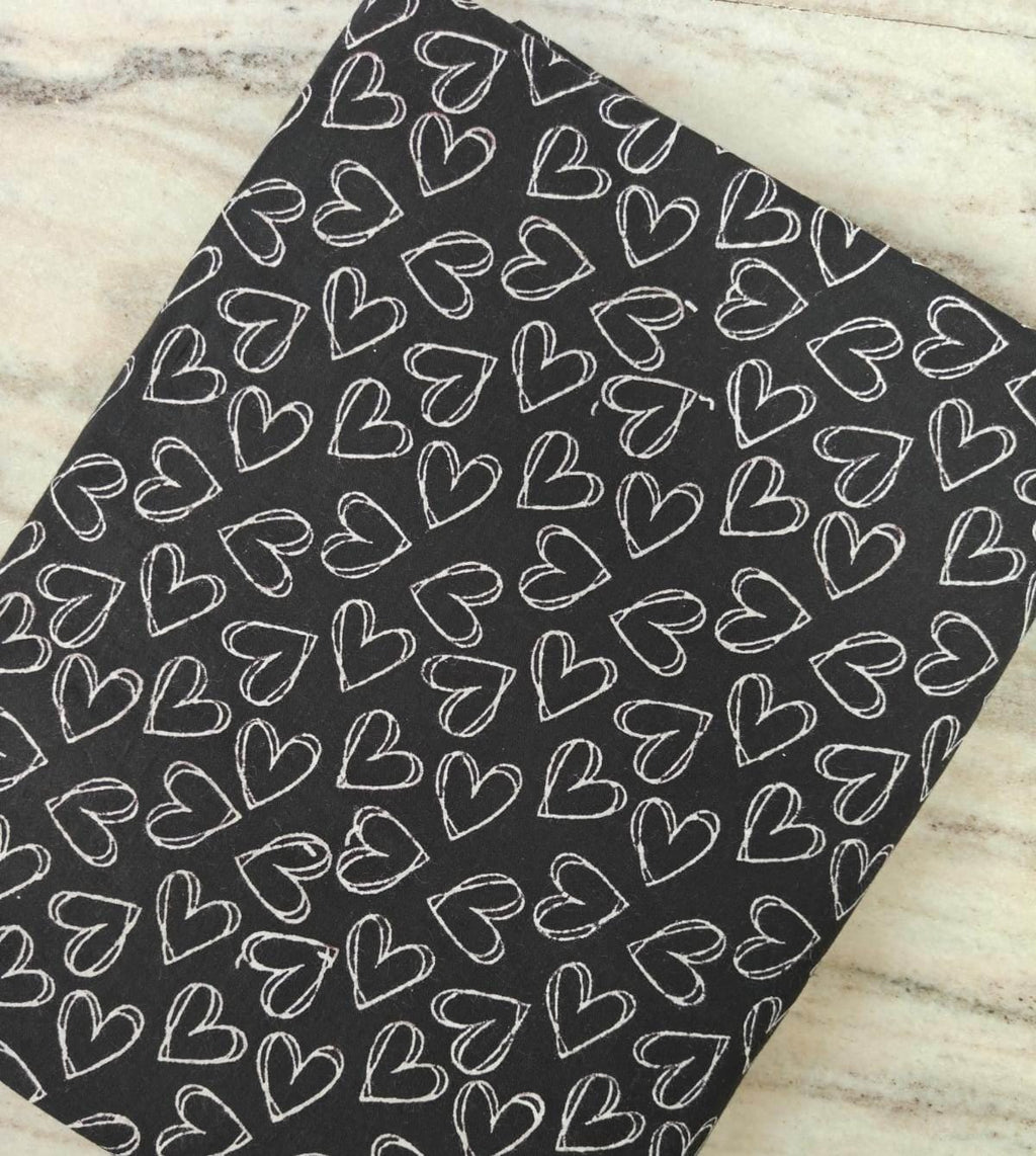 Black Heart Print Cotton Fabric, White Doodle Hearts Fabric by Yard, Valentine Love Fabric, Modern Minimal Cotton for Quilting Sewing Craft