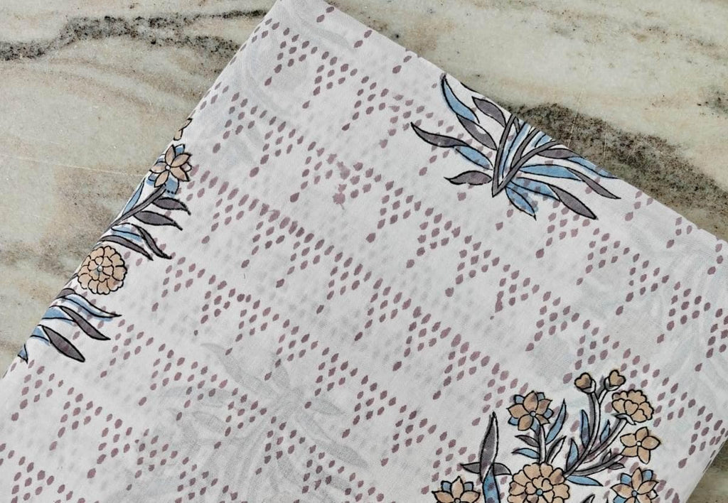 White Floral Cotton Fabric, Hand Block Print Fabric by the Yard, Indian Soft Cotton with Beige Flowers and Blue Leaves Fabric, Dressmaking