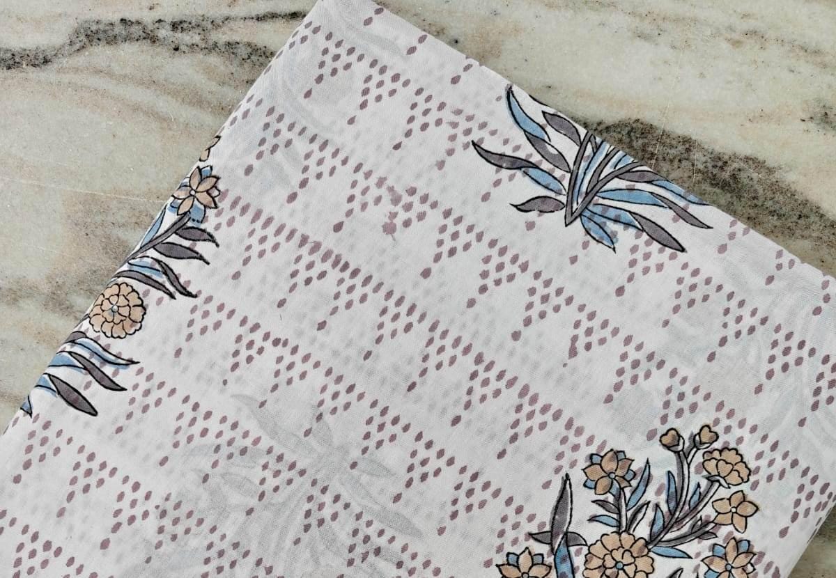 White Floral Cotton Fabric, Hand Block Print Fabric by the Yard, Indian Soft Cotton with Beige Flowers and Blue Leaves Fabric, Dressmaking