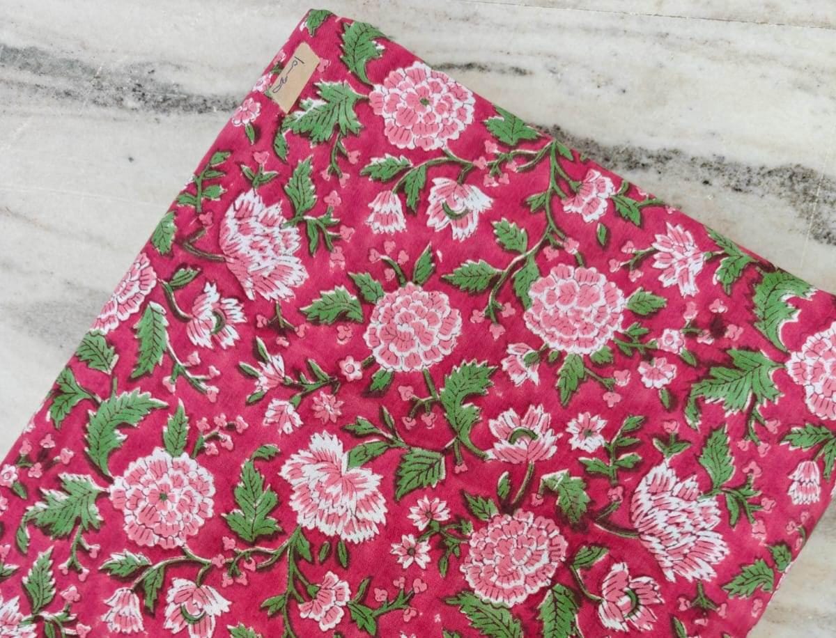 Pink Floral Cotton Fabric by the Yard, Hand Block Print Fabric, Quilting, Sewing, Dressmaking, Cushion Covers, Indian Cotton Fabric