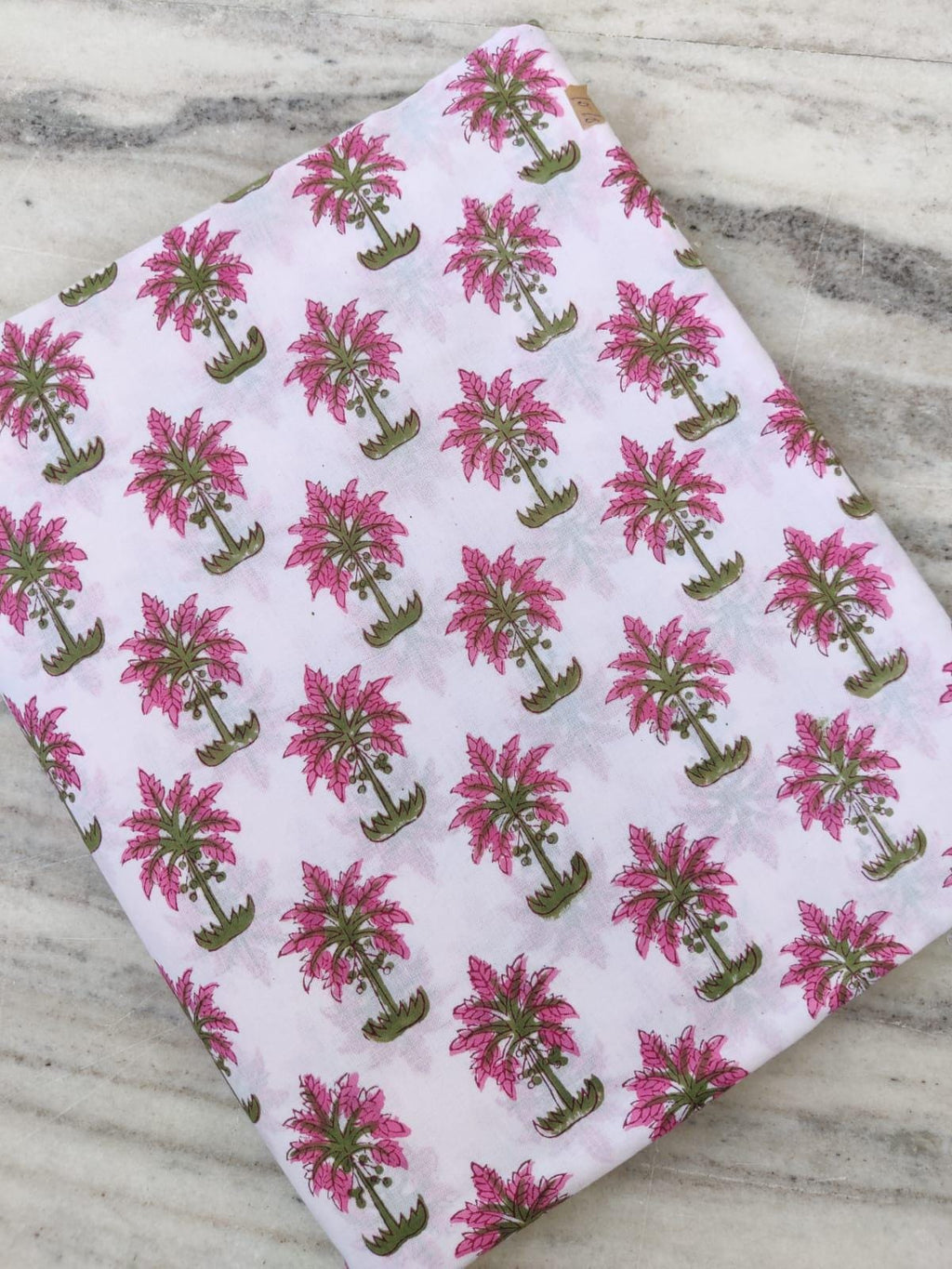 Pink Palm Tree Cotton Fabric: Tropical Block Print for Sewing & Quilting