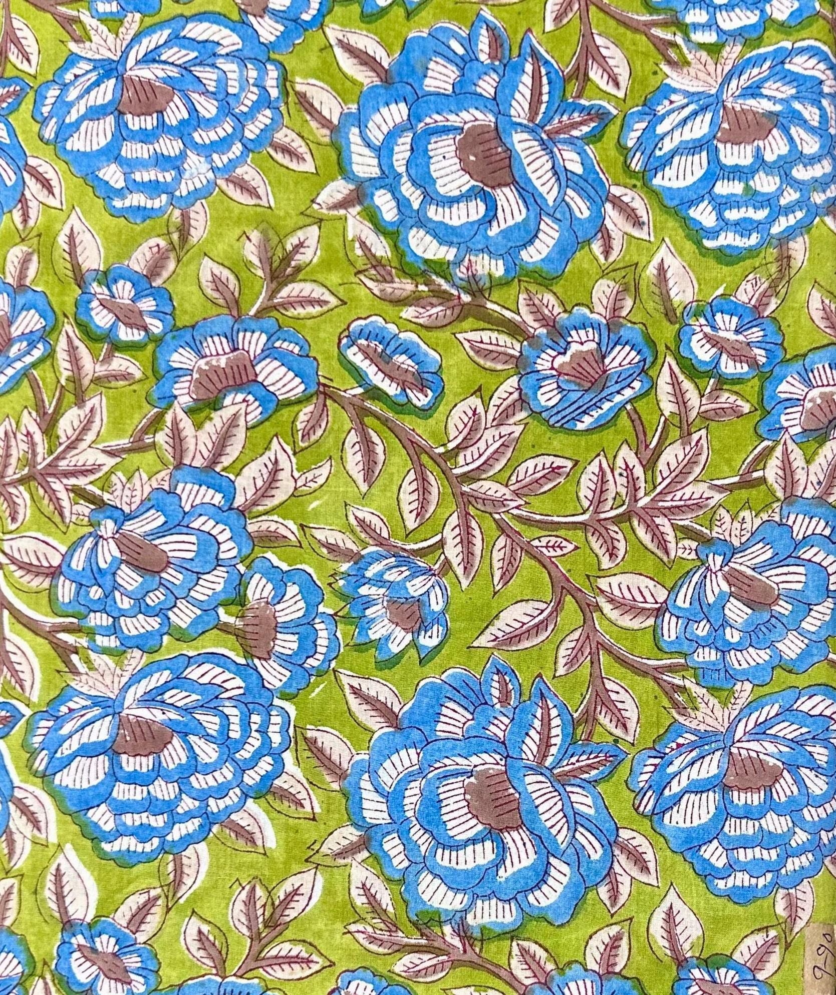 Green & Blue Indian Floral Hand Block Print Cotton Fabric, Soft Cotton Fabric, Floral 100% Cotton Fabric By The Yard, Loose Running Fabric